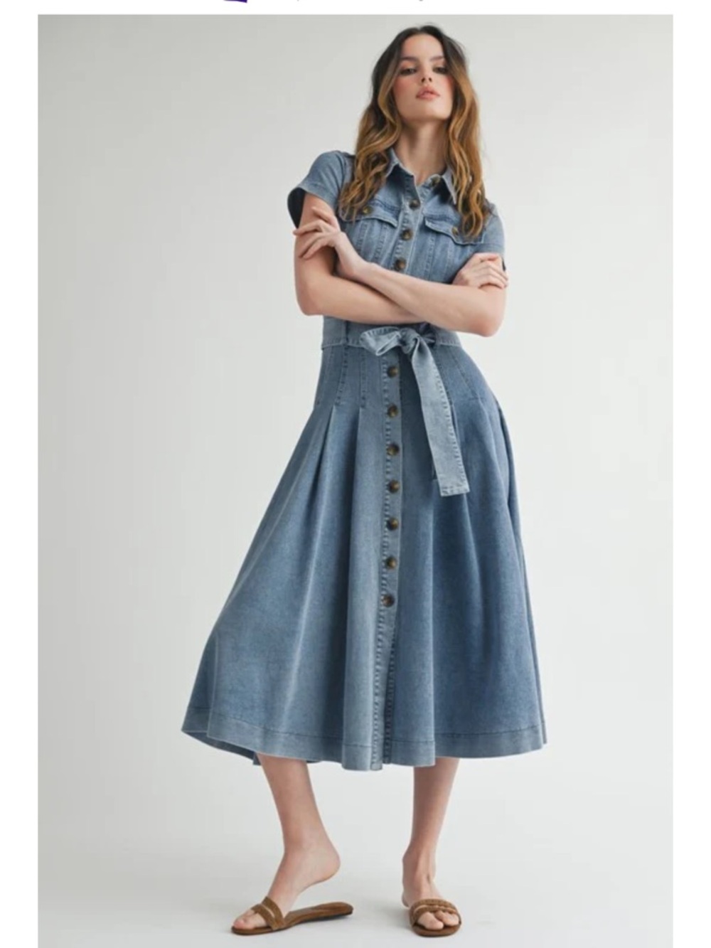 Button-Front Light Blue Denim Midi Dress with Tie Waist - Picture 3 of 11